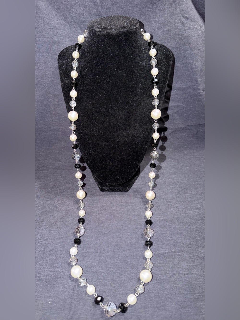 Source Unknown Black and White Pearl & Crystal Long Necklace, Homemade